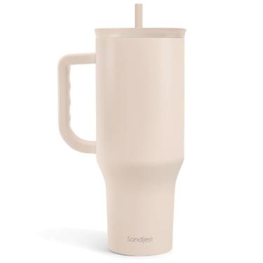 Imagem de SANDJEST Copo marrom de 1,134 g com alça e canudo, caneca de café de viagem de aço inoxidável isolado para mulheres e meninas, ideia de presente para aniversário, Natal, Dia das Mães