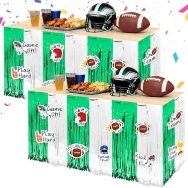 Imagem de 42 peças de saia de mesa com franjas de folha de futebol com recortes 2 pacotes de saia de mesa com tema de futebol americano 76 x 262 cm prata verde bola de futebol decoração de festa para