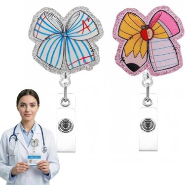 Imagem de Carretel de crachá de professor, 2 peças de crachá de acrílico retrátil, carretéis fofos de crachá com design de laço de lápis decorativo, suporte para enfermeiros, profissionais de educação e