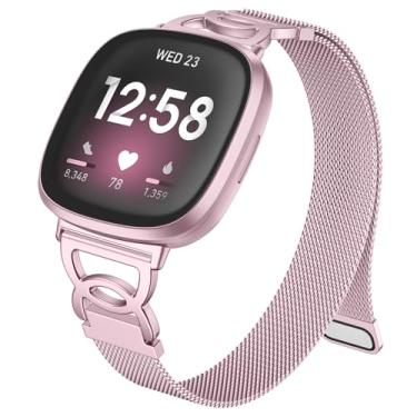 Imagem de Ouwegaga Pulseira de metal fina compatível com Fitbit Versa 4/Sense 2/Sense/Versa 3 para mulheres e homens, pulseira magnética exclusiva de malha milanesa de aço inoxidável compatível com smartwatch