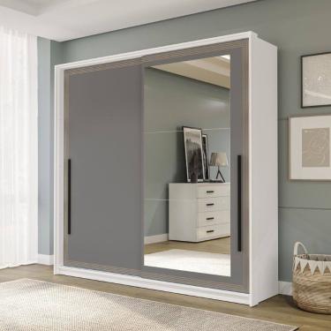 Imagem de Guarda Roupa Roupeiro 2 portas de correr 2 gavetas com Espelho Valência Branco Cinza Politorno Móveis