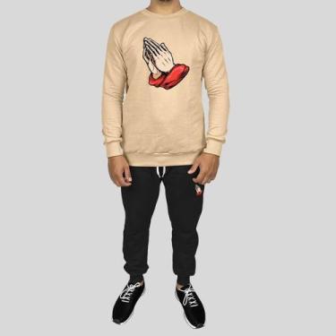 Imagem de Conjunto Calça e Blusa Moletom Careca Sem Capuz Algodão Reze, M, Bege,