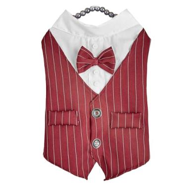 Imagem de Cuofyunl terno para cachorro de estimação macio, respirável, leve, listrado, elegante, gravata borboleta, camisa para cachorro, fantasia para festa de casamento (XXL)