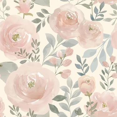Imagem de VEELIKE Papel de parede floral rosa pastel macio peônia descasque e cole papel de parede vintage feminino floral para quarto berçário sala de estar 48 cm x 900 cm papel de contato autoadesivo