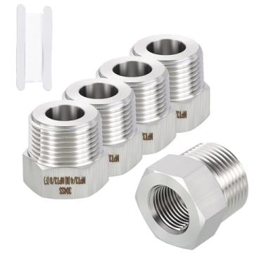 Imagem de Rebower Pacote com 5 adaptadores macho para FeMale de aço inoxidável 316, NPT macho de 3/10.2 cm x FeMale NPT redutor de bucha hexagonal FeMale com fita de vedação para industrial, fluido, jardinagem