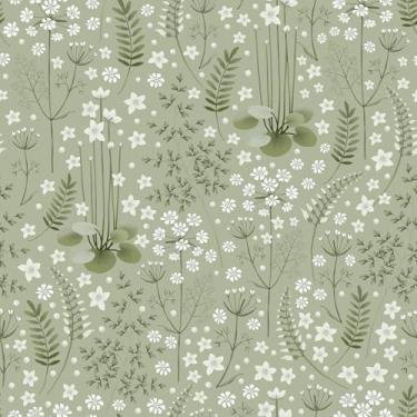 Imagem de FunStick Papel de parede floral verde sálvia 44,5 cm x 899 cm, descasque e cole folhas naturais papel de parede botânico de flores silvestres brancas para quarto, papel de parede floral verde