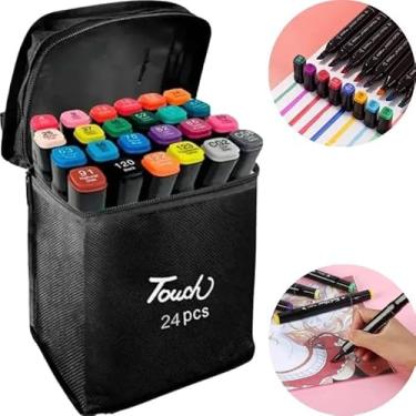 Imagem de Conjunto de Canetas Marcador Permanente Canetinhas para Colorir Touch com Ponta Dupla para Desenhos Profissional e Escolar com Duas Pontas Hidrográficas com Estojo para Transporte Brashopmall® 24 uni