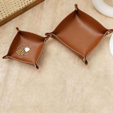 Imagem de 2 bandejas de couro PU para manobrista quadradas, organizador de mesa, organizador de viagem dobrável, bandeja de armazenamento de cosméticos para chave de joias para mesa de cômoda de entrada (marrom