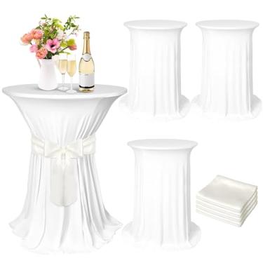 Imagem de Kochorie Conjunto de 4 capas de mesa de coquetel com faixa de cetim, saia redonda para mesa de coquetel de 81 x 109 cm, toalha de mesa elástica de elastano para decoração de festa de aniversário