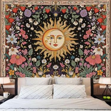 Imagem de Accnicc Tapeçaria de Sol e Lua Boho Vintage Floral Tapeçaria de Parede para Quarto Estética Hippie Celestial Botânico Planta Colorida Tapeçarias Grandes Penduradas na Parede para Sala de Estar