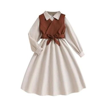 Imagem de Vestido A-Line De Manga Longa Com Colete Marrom E Gola Bege 2PCS Roupa