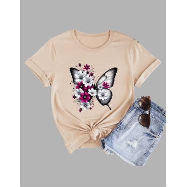 Imagem de Camiseta Tshirt Feminina Algodão Borboleta E Flores Branca - MB Sport,