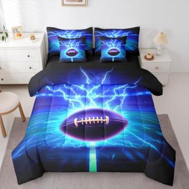 Imagem de Erosebridal Jogo de cama de futebol americano, 7 peças, conjunto completo de edredom relâmpago com lençóis, estampa de espectador, cama de pastagem, bola, competição esportiva, roxo, para adolescentes