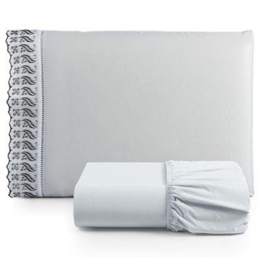 Imagem de Jogo De Lençol Solteiro 2 Pçs Basic Percal 180 Fios Lese Bordado Inglês Cinza 100% Algodão