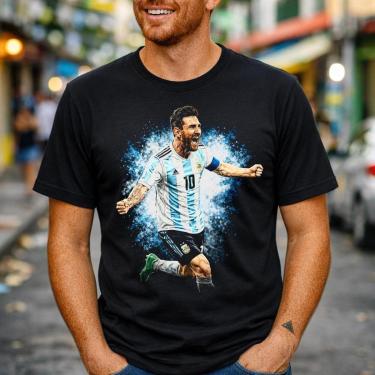 Imagem de Camiseta Preta Masculina Messi Argentina Torcedor Copa Hermanos 100% Algodão 30.1 Penteado Premium-Masculino