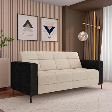 Imagem de Sofá Living Decorativo Houston 2 Lugares 200cm Pés em Metal Linho/ PU Bege/ Preto G33 - Gran Belo