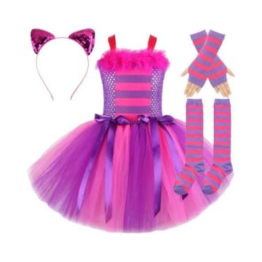 Imagem de Fantasia De Gato Cheshire Rosa E Roxo Para Meninas, Vestido Tutu Com O