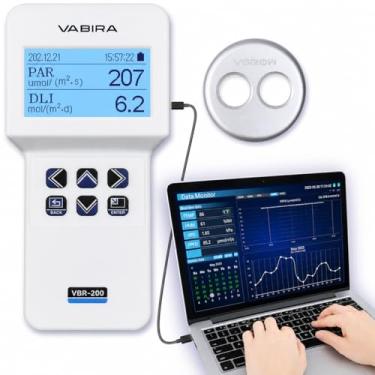 Imagem de Medidor PAR VBR-200 com controle de luz dimerizada, PAR alvo automático, medição de PPFD e DLI. Ajusta iluminação de cultivo pela luz solar e mede LUX, CCT, temperatura, umidade e VPD.