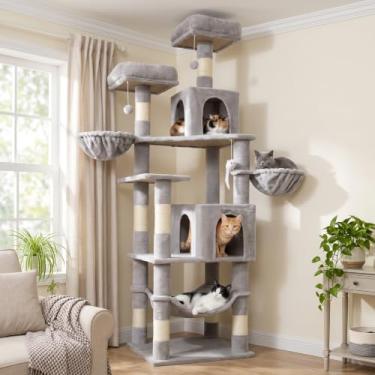 Imagem de AMHANCIBLE Árvore para gatos, 188 cm de altura para gatos adultos em ambientes internos, grande torre de vários níveis com poste para arranhar, rede, condomínios, cesta suspensa, centro de atividades