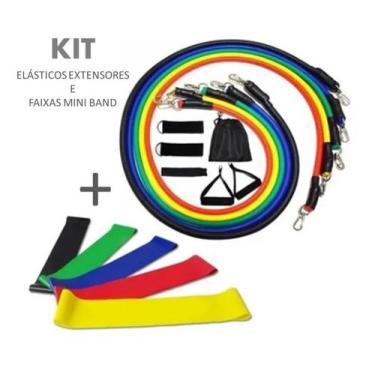 Imagem de Kit Tubing Elástico Extensor 11 Itens + 5 Faixas Mini Band Treino Top