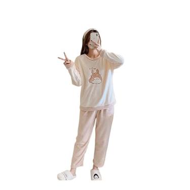 Imagem de LUBOSE Pijama feminino de lã dupla face, pijama quente, adorável pijama macio e confortável de inverno, pijamas femininos roupas de casa (XG, branco)