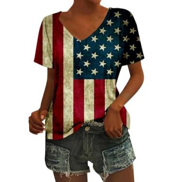 Imagem de Camiseta feminina Independence Day com estampa da bandeira dos EUA 4 de julho, gola V, manga curta, túnica, Bege, M