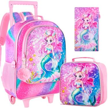 Imagem de UFNDC 4 unidades de mochila com rodinhas para meninas, linda bolsa infantil com rodinhas de lantejoulas, bolsa escolar de rolo de sereia rosa com rodas para viagens na pré-escola primária, Rosa