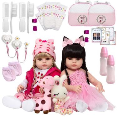 Imagem de 2 Boneca Reborn Realista Gêmeas Enxoval Girafa Coelha 46cm - Cegonha R