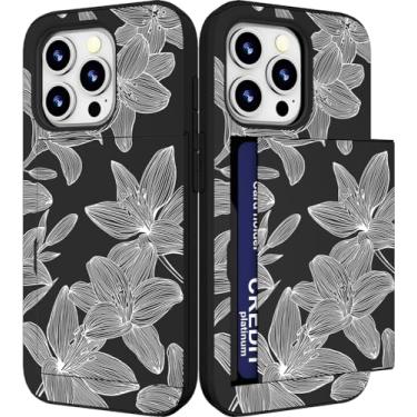 Imagem de IWONE Capa compatível com iPhone 15 Promax fofa com porta-cartões Slim Slot Phone 15 Pro Max Capa carteira para mulheres/elegantes flores brancas hibisco floral linha impressão artística