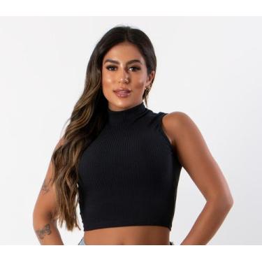 Imagem de Cropped Gola Alta Canelado Regata Sem Manga Feminino - blees, M, Preto