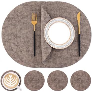 Imagem de Homaxy Jogo americano e porta-copos redondos de couro sintético, tapetes de mesa laváveis de dois lados, tapetes de jantar resistentes ao calor limpáveis para ambientes externos e internos, conjunto