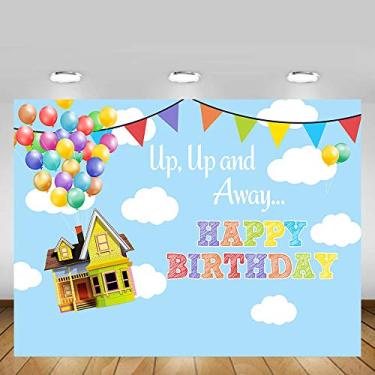 Imagem de MEHOFOTO UP Birthday Party Photo Studio Backdrop Props Boy Adventure Happy Birthday Up Up and Away Balloons Party Decorations Blue Sky and White Clouds Photography Background Banner 7x5ft