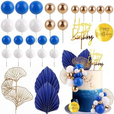 Imagem de MEMOVAN Blue White Gold Ball Cake Toppers Balls Cupcake Toppers Foam Ball Shaped Cake Picks DIY Balloon Cake Insert Topper Ball Birthday Cake Decorations for Birthday Boho Wedding Baby Shower Party