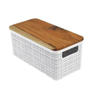 Imagem de Cesto juta alongado g branco c/tampa de madeira nitron