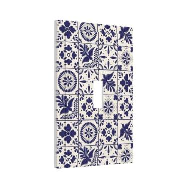Imagem de Placas de interruptor de luz com interruptor único de azulejo mexicano branco/azul, capas de tomada, receptáculo, placa de parede, mediterrâneo, marrocos, mosaico de cerâmica espanhol, decoração de