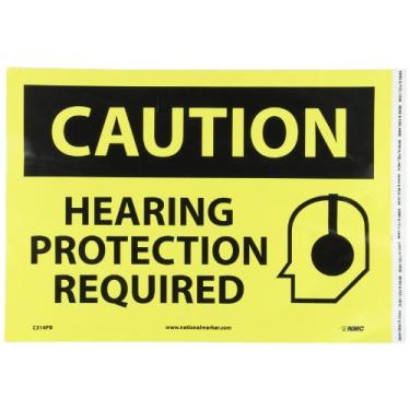 Imagem de NMC C514PB CUIDADO - Placa de proteção auditiva necessária - 35,5 x 25,4 cm, texto preto em amarelo, placa de alerta de vinil PS com gráficos