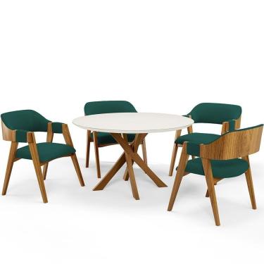 Imagem de Mesa De Jantar Redonda Cora 120cm Off White M04 Com 04 Cadeiras Living Suran Bouclê Verde - Lyam