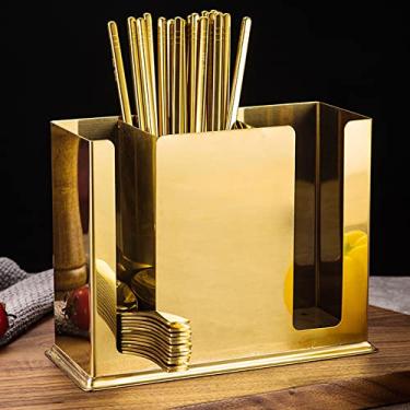 Imagem de kaileyouxiangongsi Suporte Para Utensílios De Restaurante Chinês, Aço Inoxidável, Pendurado, 3 Compartimentos, Malha, Escorredor Pratos/Pauzinhos/Colher/Garfo/Faca, Armazenamento Talheres (Dourado)