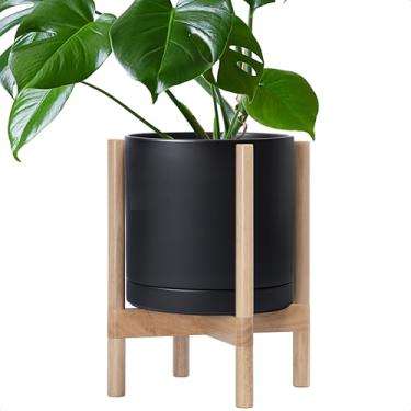 Imagem de D'vine Dev Vaso de cerâmica com suporte natural - Vaso de flores redondo moderno de 30 cm com suporte de plantador de madeira, preto, 55-B-J-2