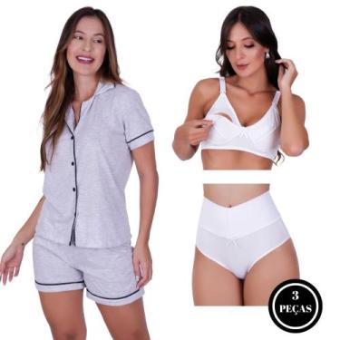 Imagem de Pijama Americano com Botões + Sutiã Amamentação Liso + Calcinha Cós Al