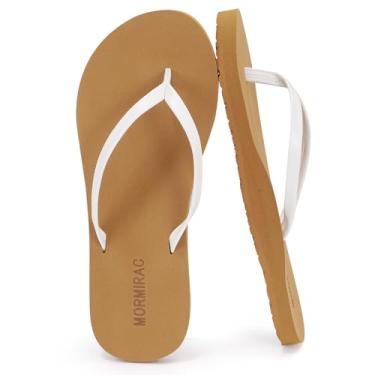 Imagem de MORMIRAC Chinelo feminino de couro fino confortável verão praia tanga suporte arco antiderrapante, Branco, 36