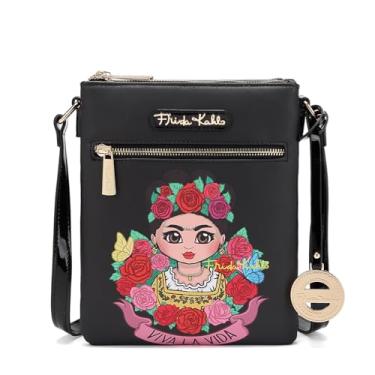 Imagem de Frida Kahlo Bolsa transversal Viva La Vida, design de arte floral preta, vários compartimentos com ferragens douradas