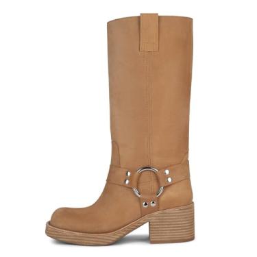 Imagem de Yishaweiqi Botas De Motociclista Femininas Com Tachas, Salto Grosso, Bico Quadrado, Cano Alto, Zíper Lateral, Botas Estilo Western, Botas De Montaria Para Outono, Botas De Motocicleta