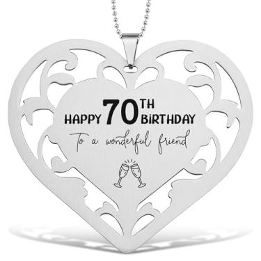 Imagem de Enfeite de coração de aço inoxidável de 70º aniversário com mensagem gravada, decoração de lembrança de coração pendurado com corrente de contas, presente para amigos, pingente de espelho de carro