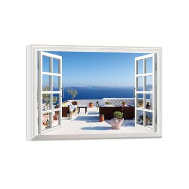 Imagem de Falsas Janelas Paisagens Impressões em Tela-Terraço mar-Quadro Arte Moderna-Natureza Pintura Pronta para Pendurar Tela Embrulhada 50x70cm