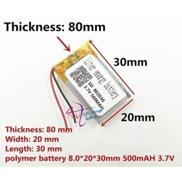 Imagem de Bateria 8mm X 20mm X 30mm  2 Fios 500 Mah Nova 802030 - bgb