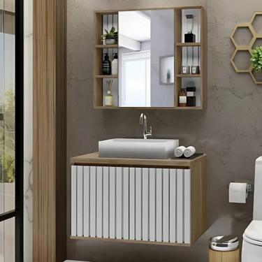 Imagem de Conjunto Gabinete Banheiro Ripado 80cm C/ Cuba e Espelheira - Rainha d