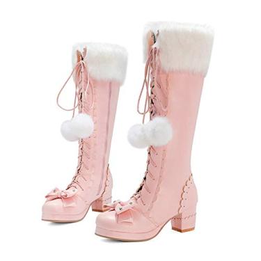 Imagem de Bigfanshu Botas femininas de inverno quentes com gola de pele para meninas, cosplay, festa, princesa, botas, com cadarço, salto grosso, zíper lateral, couro PU, Chelsea slip-on e pull-on, atléticas, Rosa, 35 BR