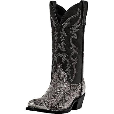 Imagem de Botas ocidentais de caubói para homens, botas de trabalho de bico fino, salto grosso, bordado, botas de bezerro largas, botas de couro PU, Prata, 8.5