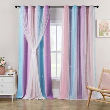 Imagem de XiDi Cortinas para decoração de quarto de meninas 260 cm de comprimento colorido arco-íris cortinas blackout para quarto de bebê de princesa decoração de parede unicórnio cortinas com ilhós ombré rosa